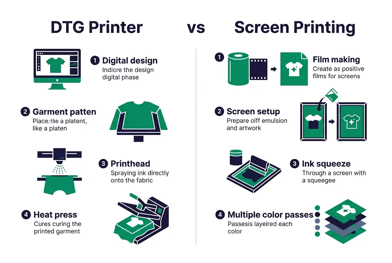 DTG vs Screen Printing workflow comparison infographic — step by step process difference