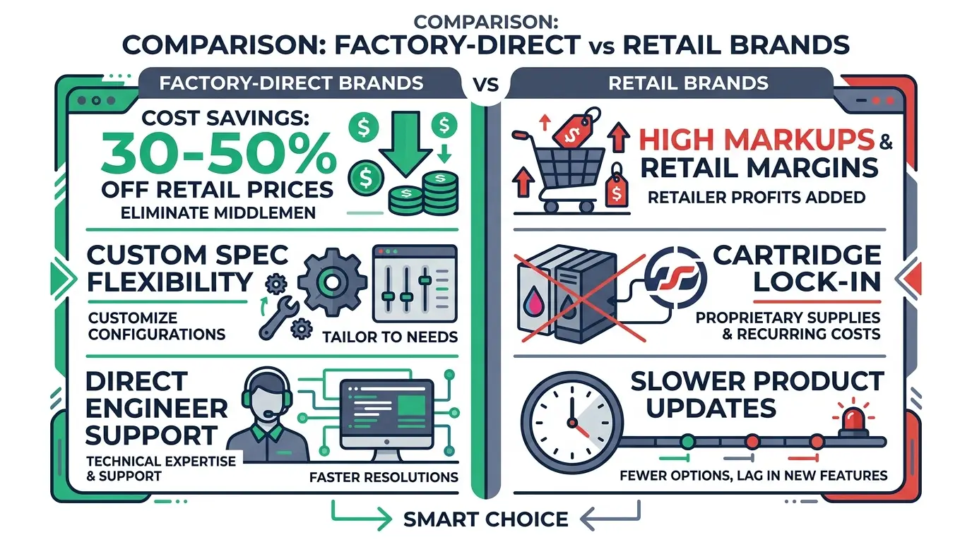 Comparison infographic: Factory-Direct vs Retail DTF printer brands
