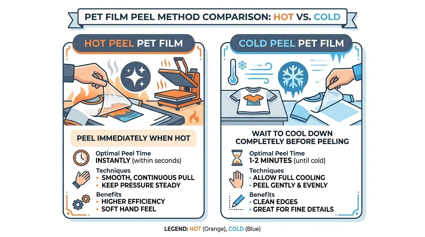 Hot Peel vs Cold Peel PET film comparison chart outlining optimal peeling times and methods