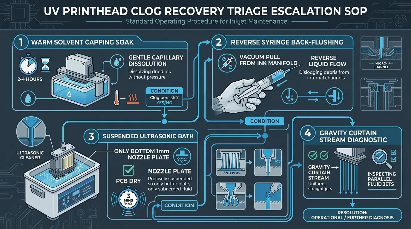 Technical engineering infographic flowchart detailing the 4-stage UV printhead clog recovery triage escalation SOP from warm soak to reverse flushing and curtain tests