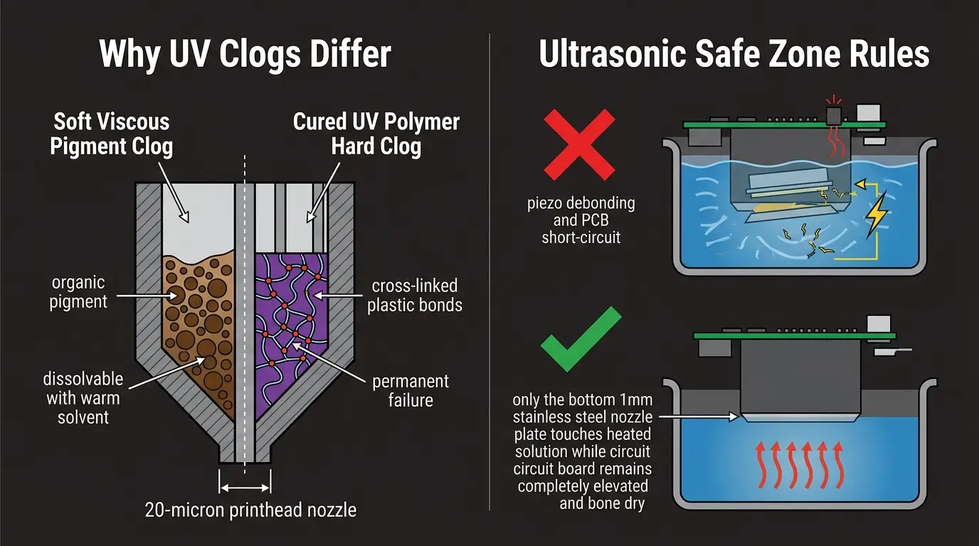 Technical diagram comparing soft pigment ink clogs with cured UV polymer hard clogs, alongside safe shallow ultrasonic suspension vs destructive full submergence