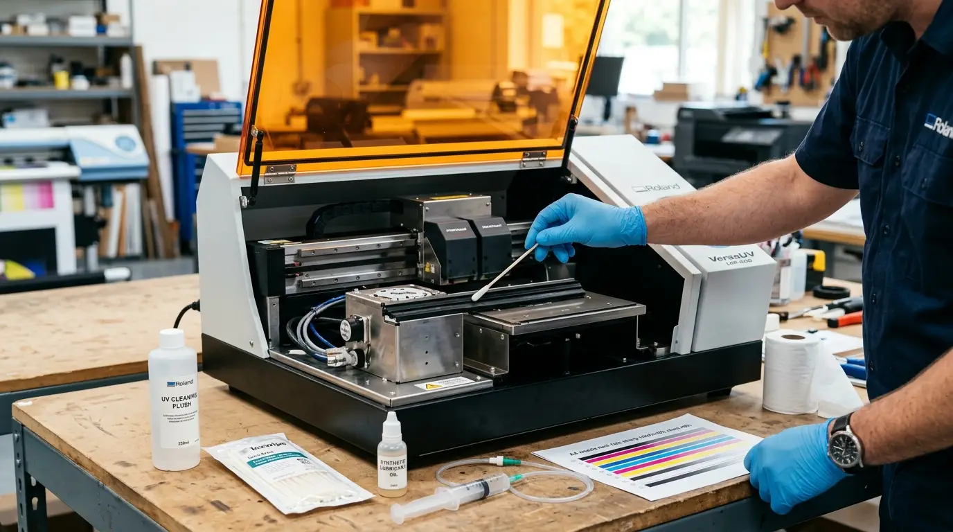 Commercial printshop technician with nitrile gloves cleaning the capping station seal of a desktop UV flatbed printer using cleanroom swabs and UV cleaning flush