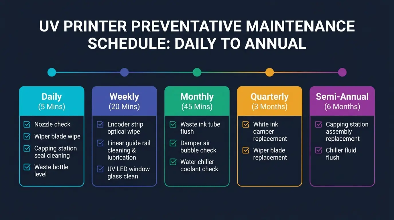 Infographic detailing the UV printer preventative maintenance schedule from daily 5-minute routines to semi-annual fluid flushes