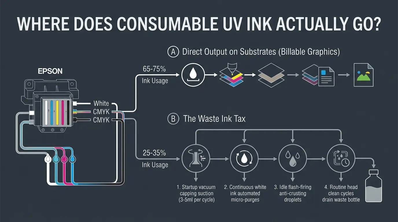 Technical breakdown showing how UV ink is divided between 70 percent active printed products and 30 percent maintenance purge waste