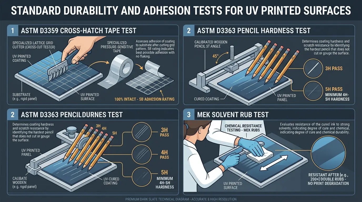 Scientific laboratory testing infographic showing ASTM D3359 cross-hatch tape test, ASTM D3363 pencil hardness test, and MEK solvent rub test on UV printed substrates
