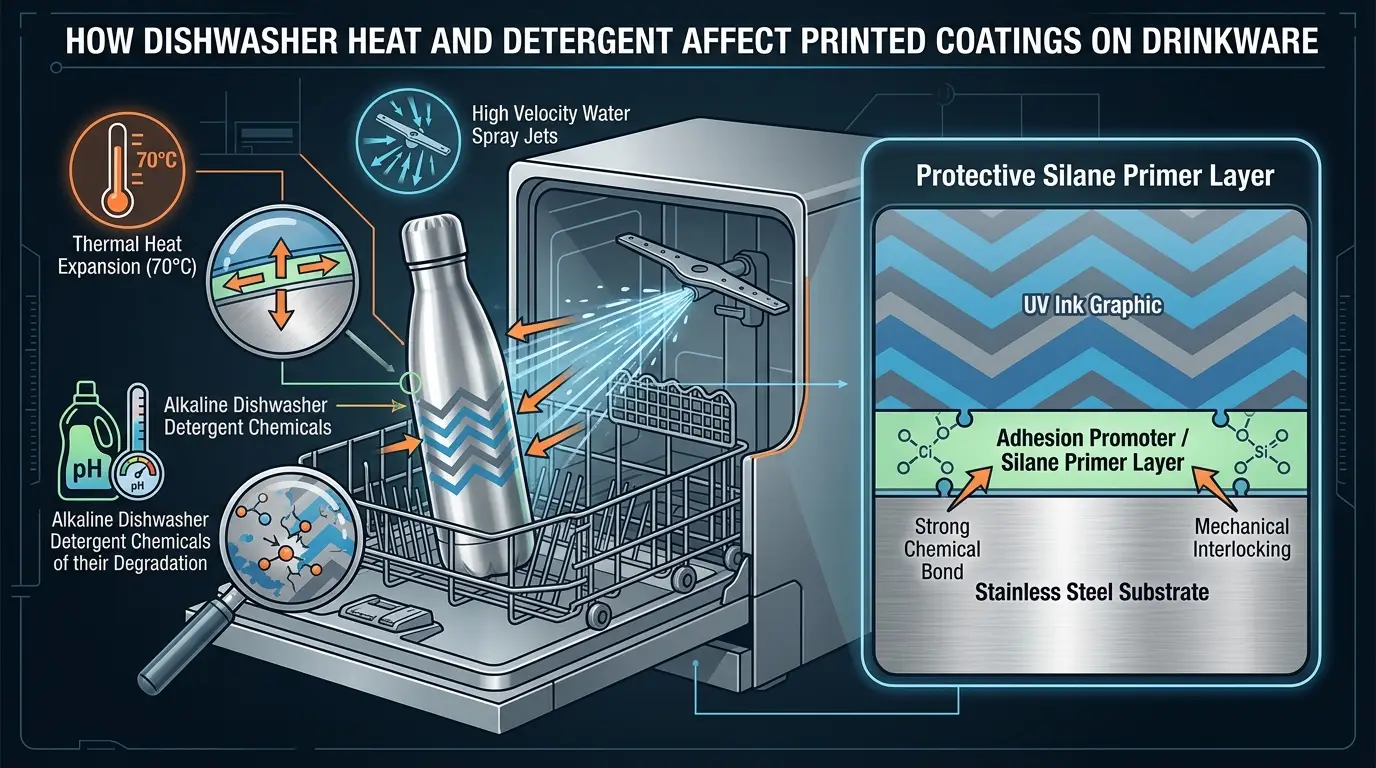Technical schematic diagram showing the 3 destructive stresses inside a dishwasher: thermal heat expansion at 70 degrees, caustic alkaline detergent chemicals, and high-velocity water jet erosion
