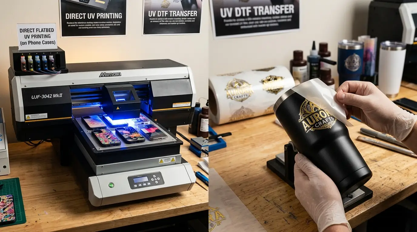 Comparison between Direct Flatbed UV Printer and UV DTF Transfer Sticker Application