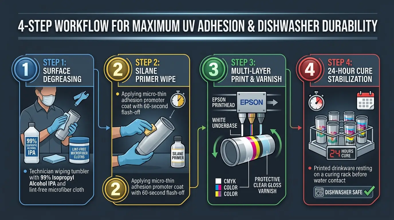 Commercial print shop 4-step workflow infographic for maximum UV adhesion and dishwasher durability: IPA degreasing, silane primer wipe, multi-layer print and varnish, and 24-hour stabilization