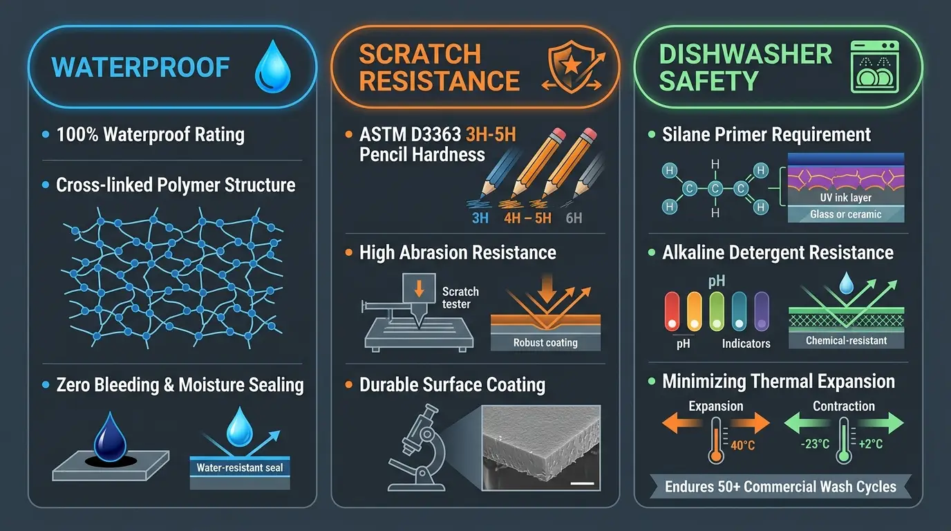 Technical comparison matrix illustrating the 3 durability pillars of UV printing: 100 percent waterproof, 3H to 5H scratch resistance, and dishwasher safety with silane primer