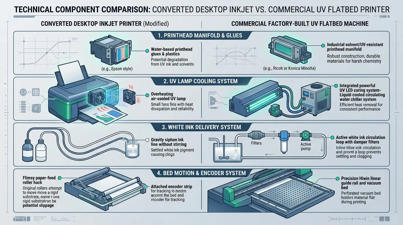 Technical engineering schematic comparison showing the 4 critical differences between converted desktop printers and factory UV machines: printhead manifold glues, UV cooling systems, white ink delivery loops, and bed motion guide rails