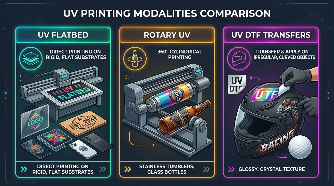 Comparison infographic of three UV printing modalities: UV Flatbed for rigid items, Rotary UV for cylindrical bottles and tumblers, and UV DTF for irregular curved objects