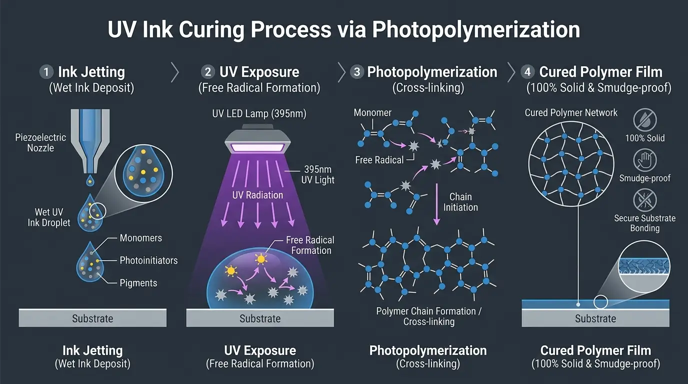 UV ink curing process diagram illustrating ink jetting, UV light exposure at 395nm, free radical cross-linking, and final solid polymer film