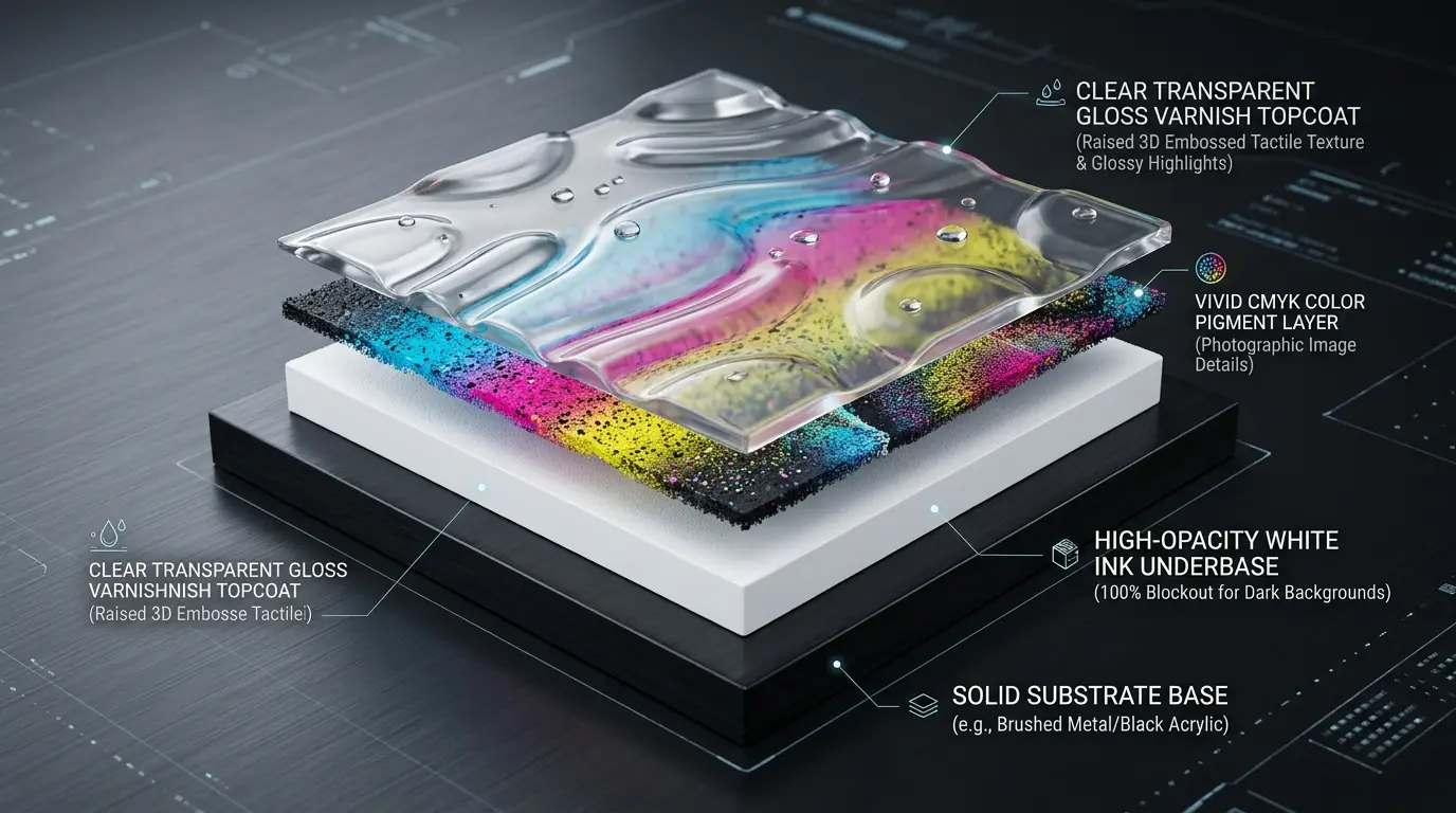 3D cutaway diagram showing UV multi-layer ink architecture: substrate base, opaque white ink underbase, vivid CMYK color layer, and raised clear gloss varnish topcoat