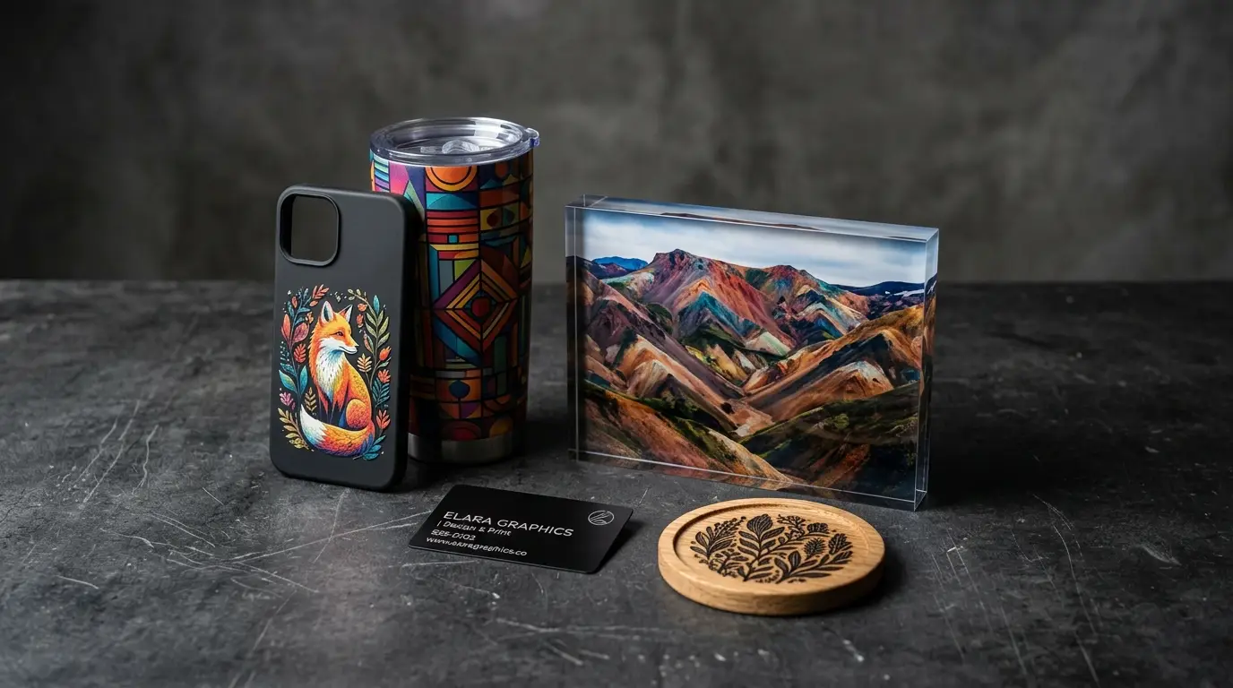 Studio showcase of finished UV printed custom products: acrylic photo block, matte black phone case, stainless steel tumbler, anodized aluminum business card, and engraved wood coaster