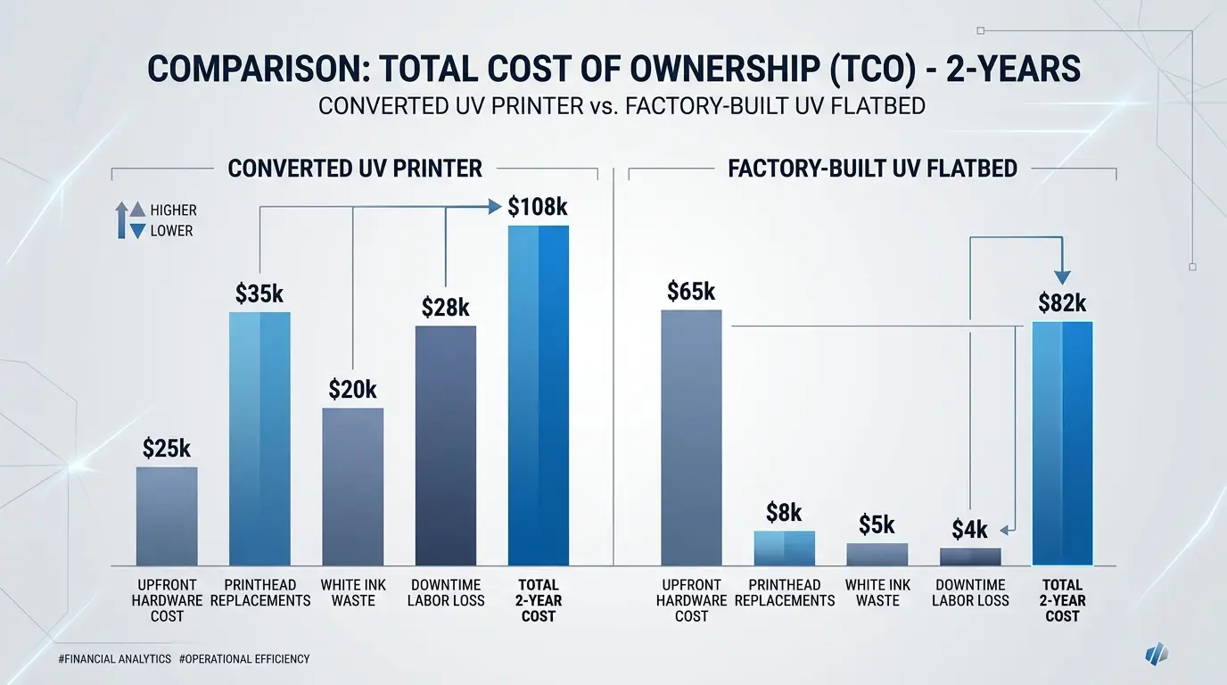 Financial comparison infographic chart showing 2-year Total Cost of Ownership for Converted UV Printer versus Factory Built Flatbed UV Machine across hardware, printhead replacements, and lost labor