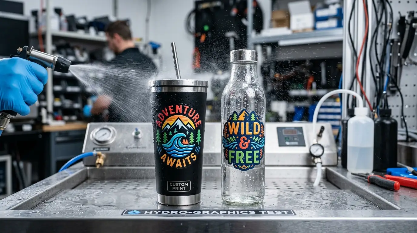 Commercial studio test bench showing custom UV printed stainless steel tumbler and glass bottle undergoing high-pressure water spray durability testing