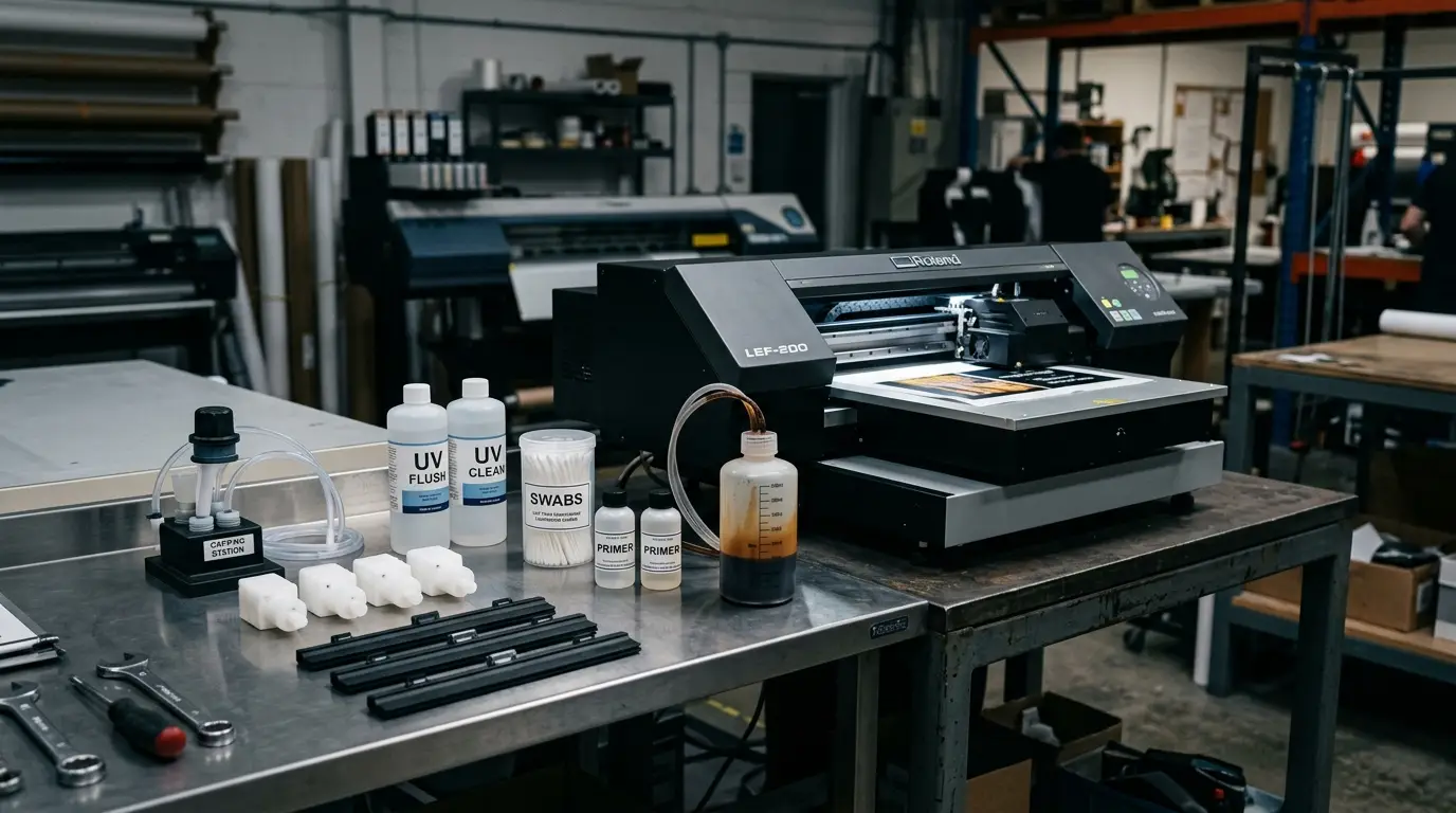 Commercial printshop workbench with desktop UV printer surrounded by real consumable parts: ink dampers, wipers, capping station, UV flush, and waste bottle