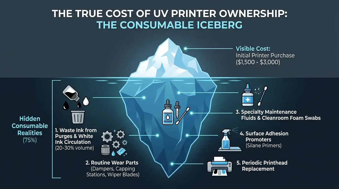 Infographic illustrating the true cost of UV printer ownership as an iceberg with visible machine cost above water and hidden consumable realities below