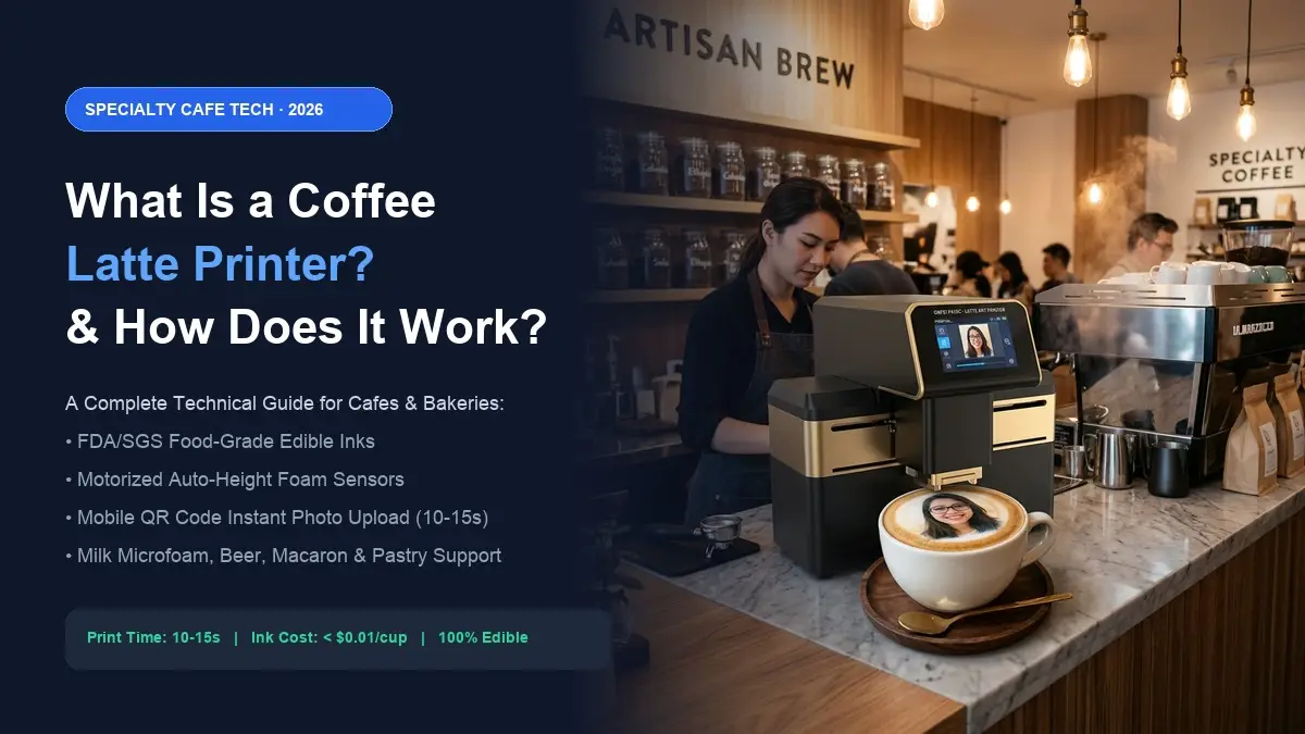 Commercial Coffee Latte Printer Actively Printing Full Color Artwork on Cappuccino Foam