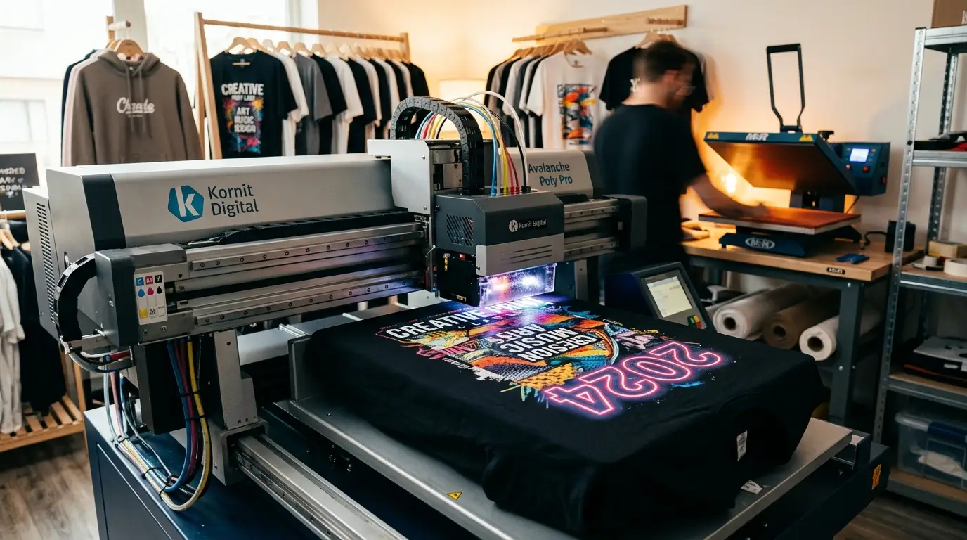 Commercial DTG Printer Actively Printing Full Color Graphic on Black Cotton T-Shirt