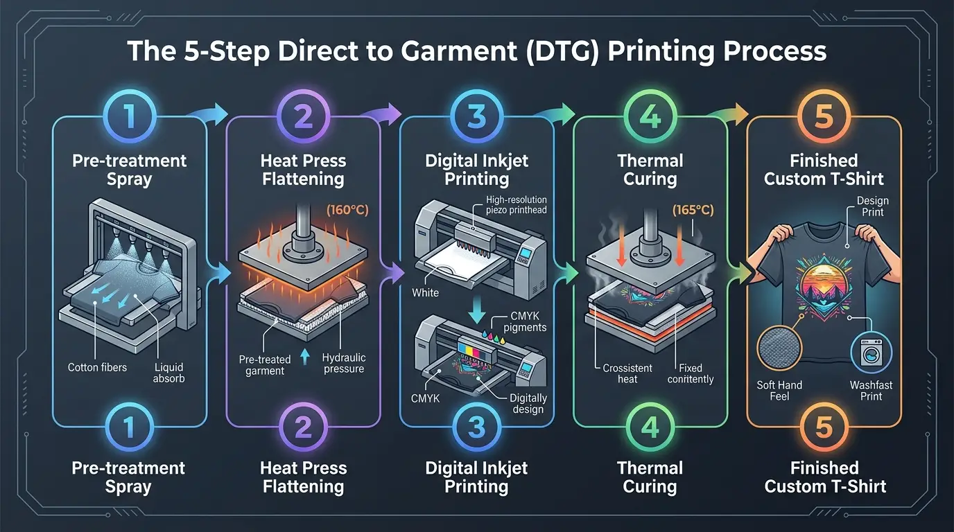 5-Step DTG Printing Workflow: Pre-treatment, Heat Pressing, Inkjet Printing, Thermal Curing, and Finished Shirt