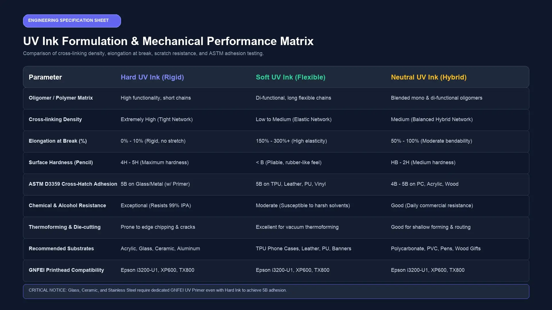 UV Ink Formulation and Mechanical Performance Matrix