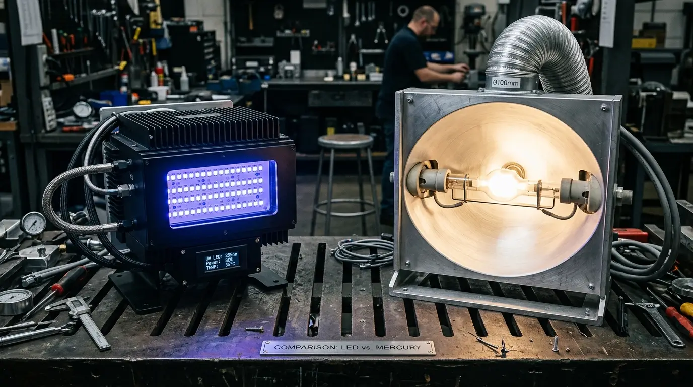 Industrial workbench comparing a modern water-cooled UV LED curing module with a traditional quartz mercury arc vapor lamp in aluminum reflector housing