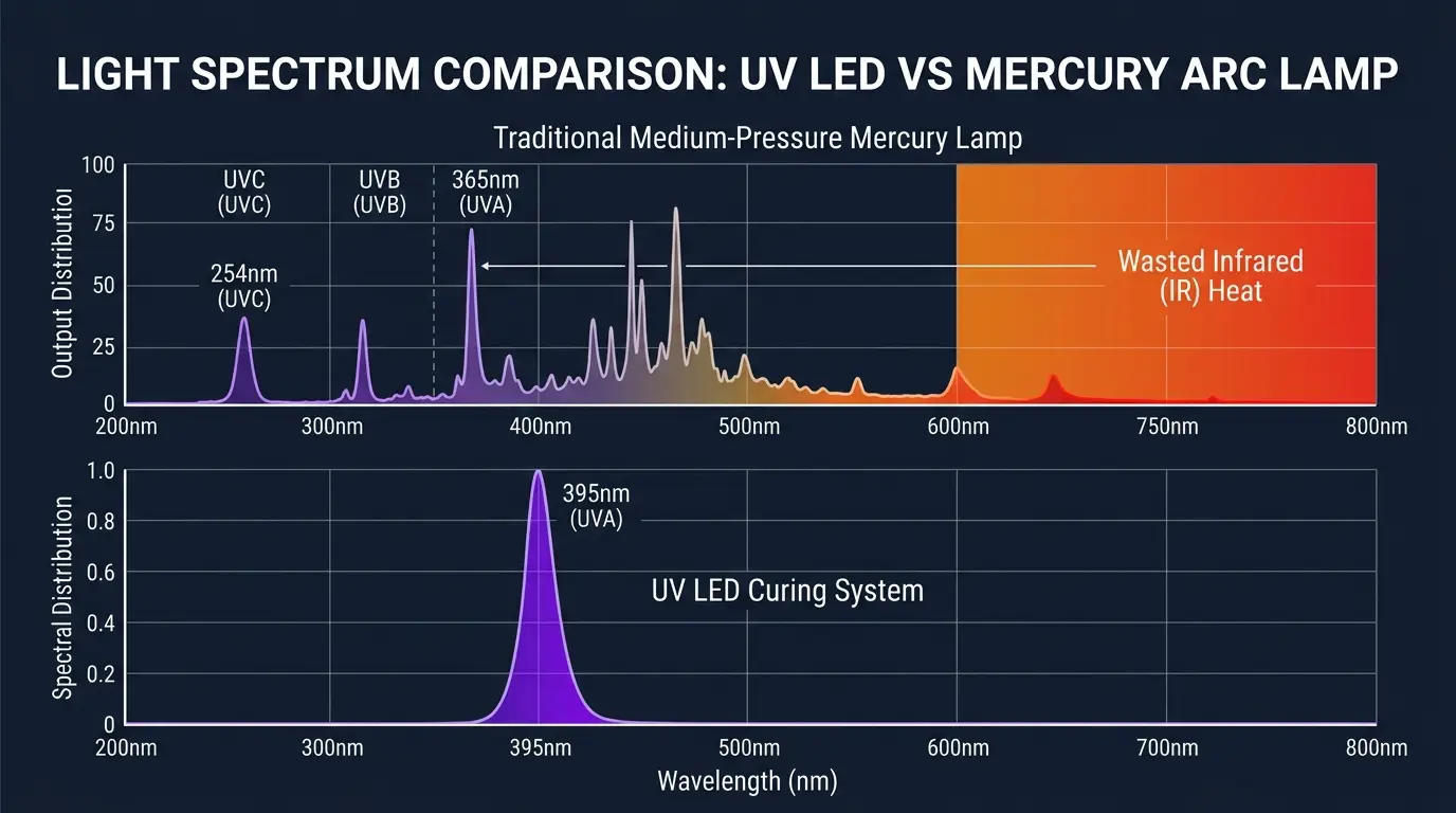 Spectral distribution chart comparing chaotic multi-peak spectrum and infrared heat of Mercury Arc Lamp against clean narrow monochromatic 395nm peak of UV LED