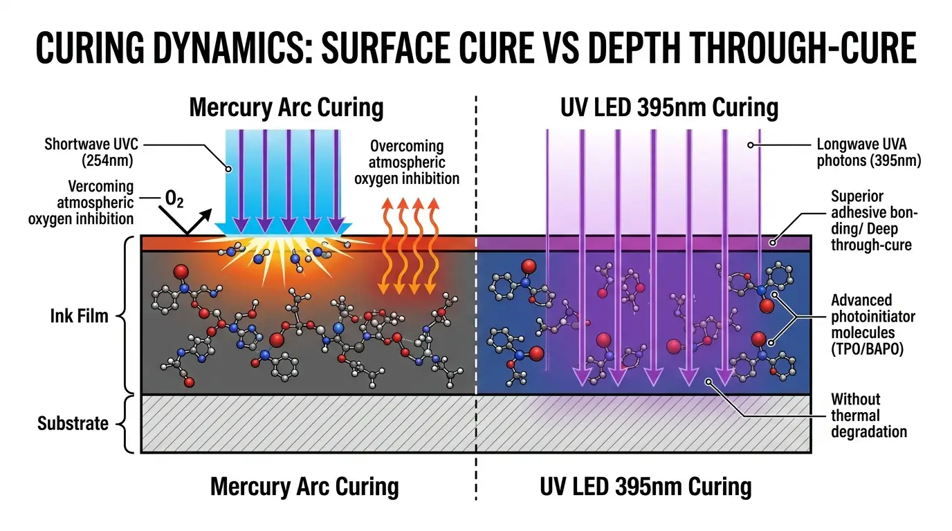 Technical diagram illustrating photopolymerization dynamics: Mercury arc surface cure overcoming oxygen inhibition versus UV LED 395nm deep through-cure bonding