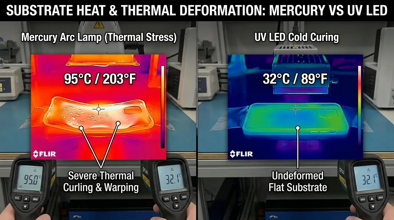 FLIR thermal camera split-screen comparison showing 95 degrees Celsius thermal warping under Mercury Arc versus 32 degrees Celsius flat undeformed substrate under UV LED
