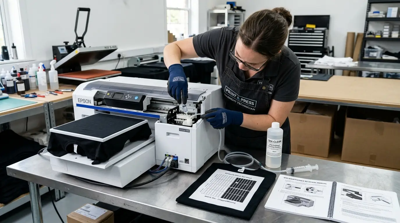 Garment printing technician performing printhead recovery maintenance on an unattended DTG printer