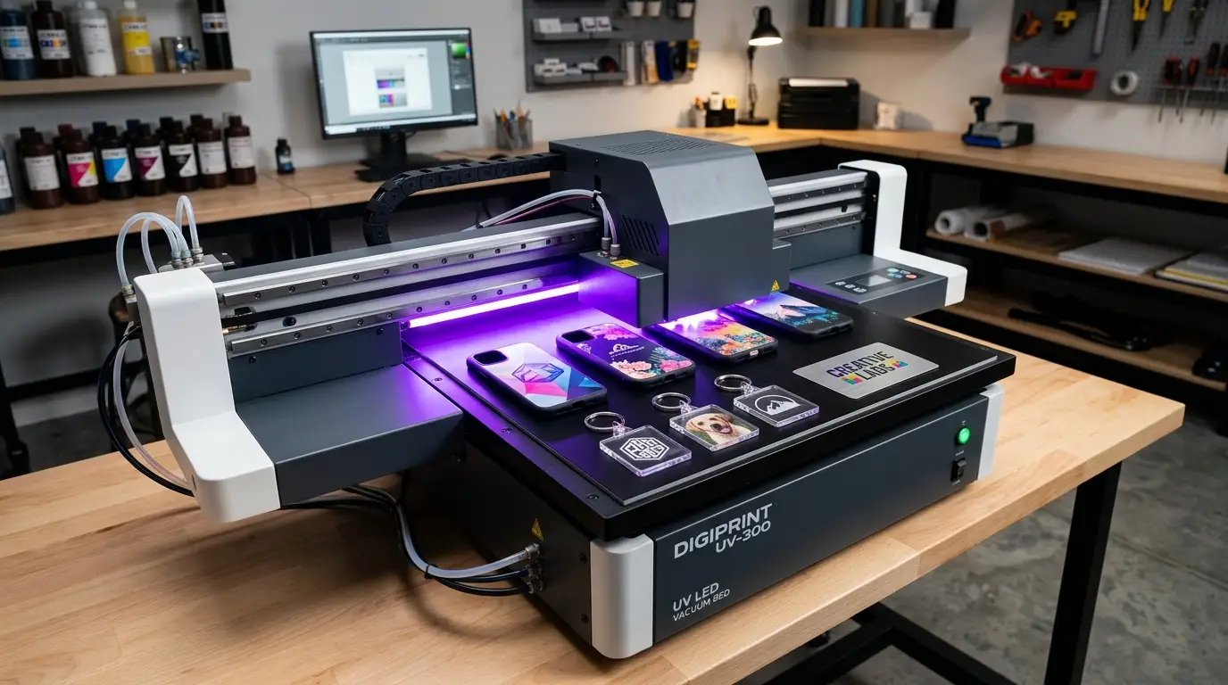 Modern compact desktop UV flatbed printer actively curing colorful graphics on phone cases and acrylic blocks in a workshop studio