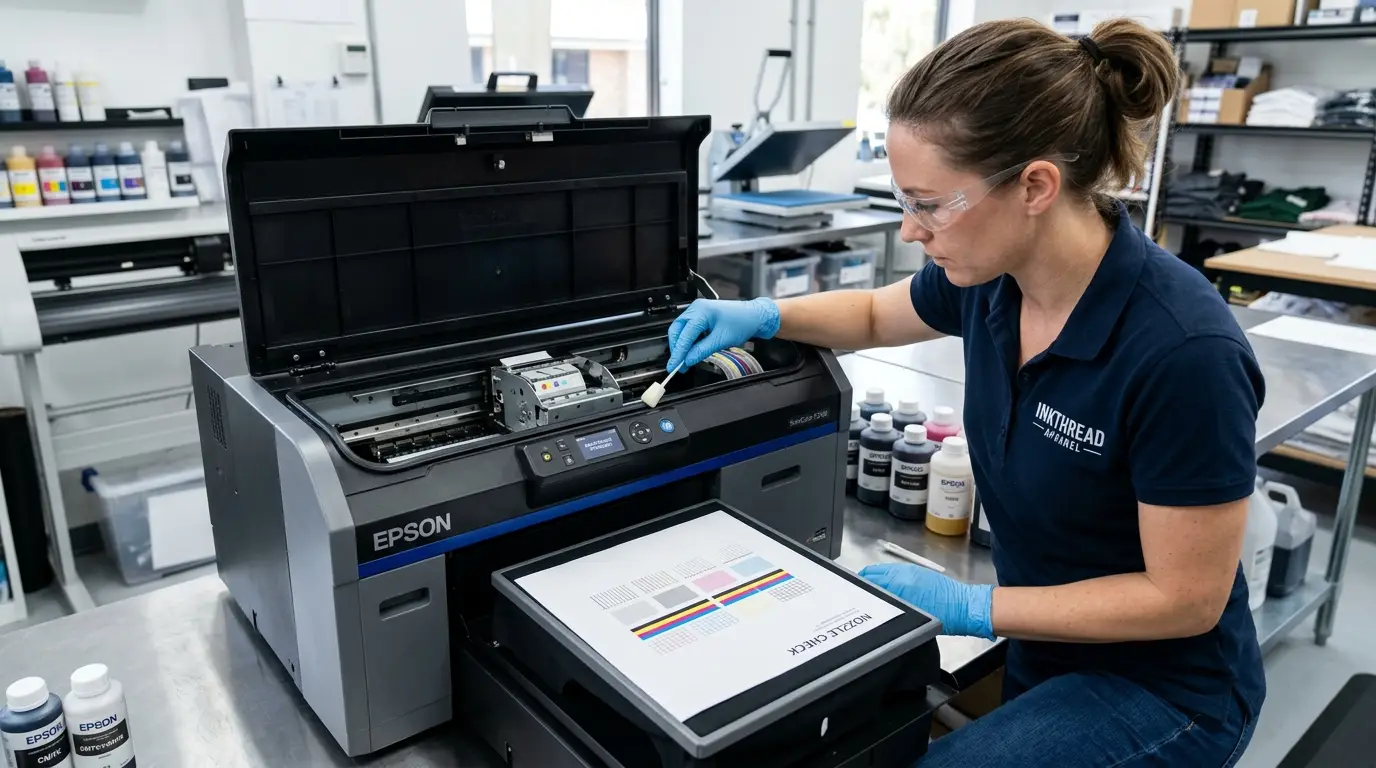 Commercial garment printing technician performing daily capping station maintenance on a DTG printer