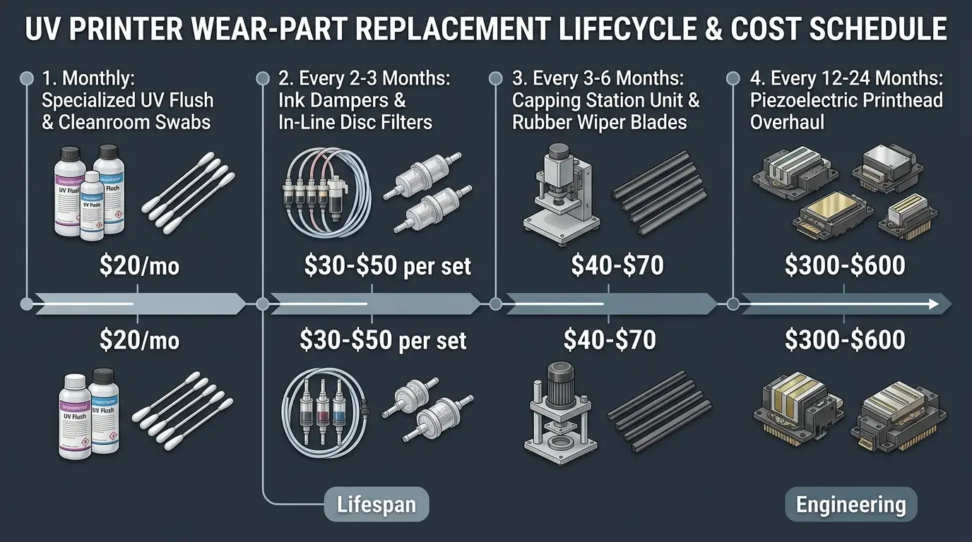 Technical schedule infographic showing replacement intervals for UV printer wear parts: dampers every 2-3 months, wipers every 2-4 months, and capping stations every 6 months