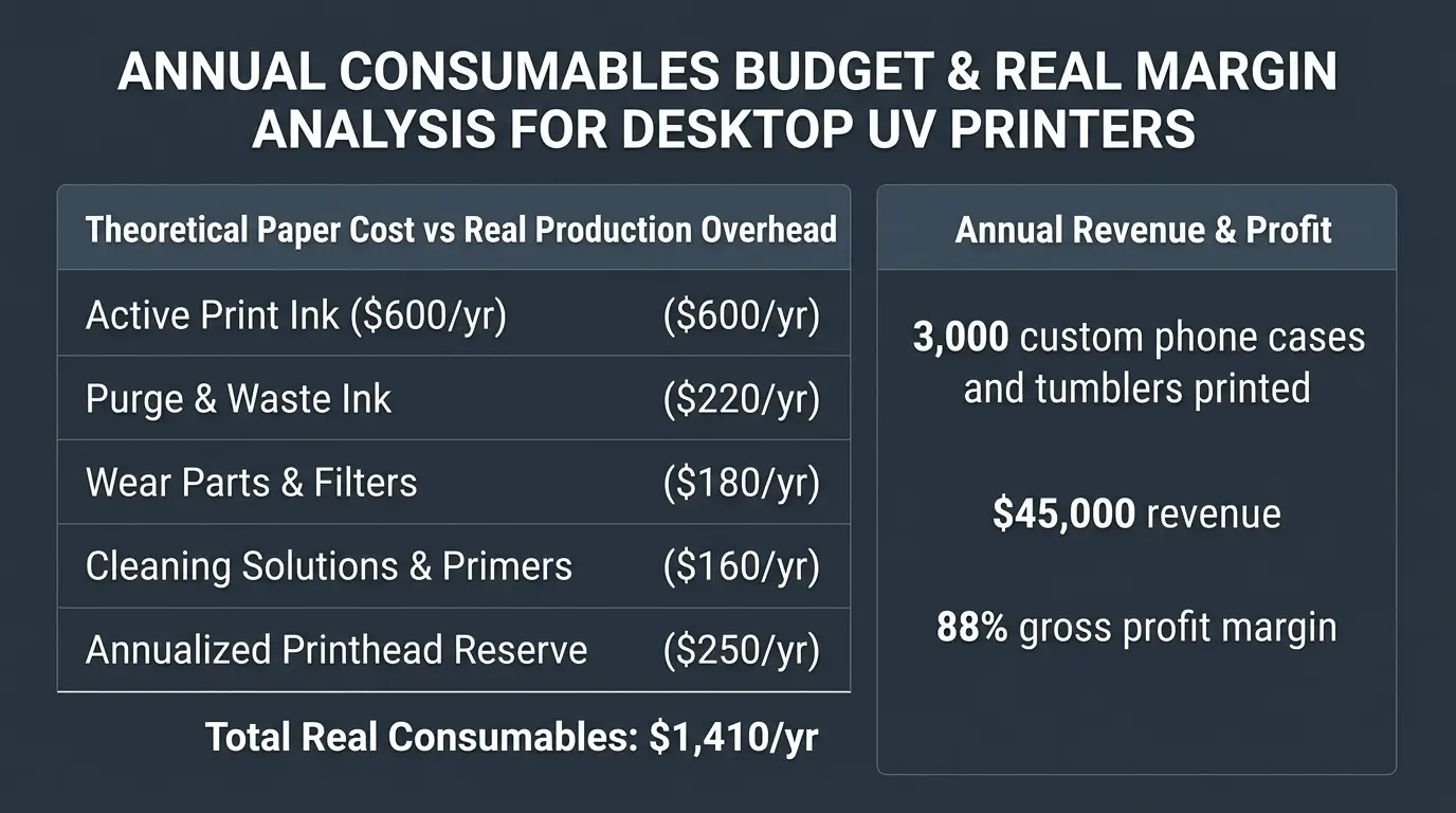 Technical breakdown showing annual consumable wear parts budget: dampers, capping stations, wipers, and tubing versus catastrophic printhead failure costs