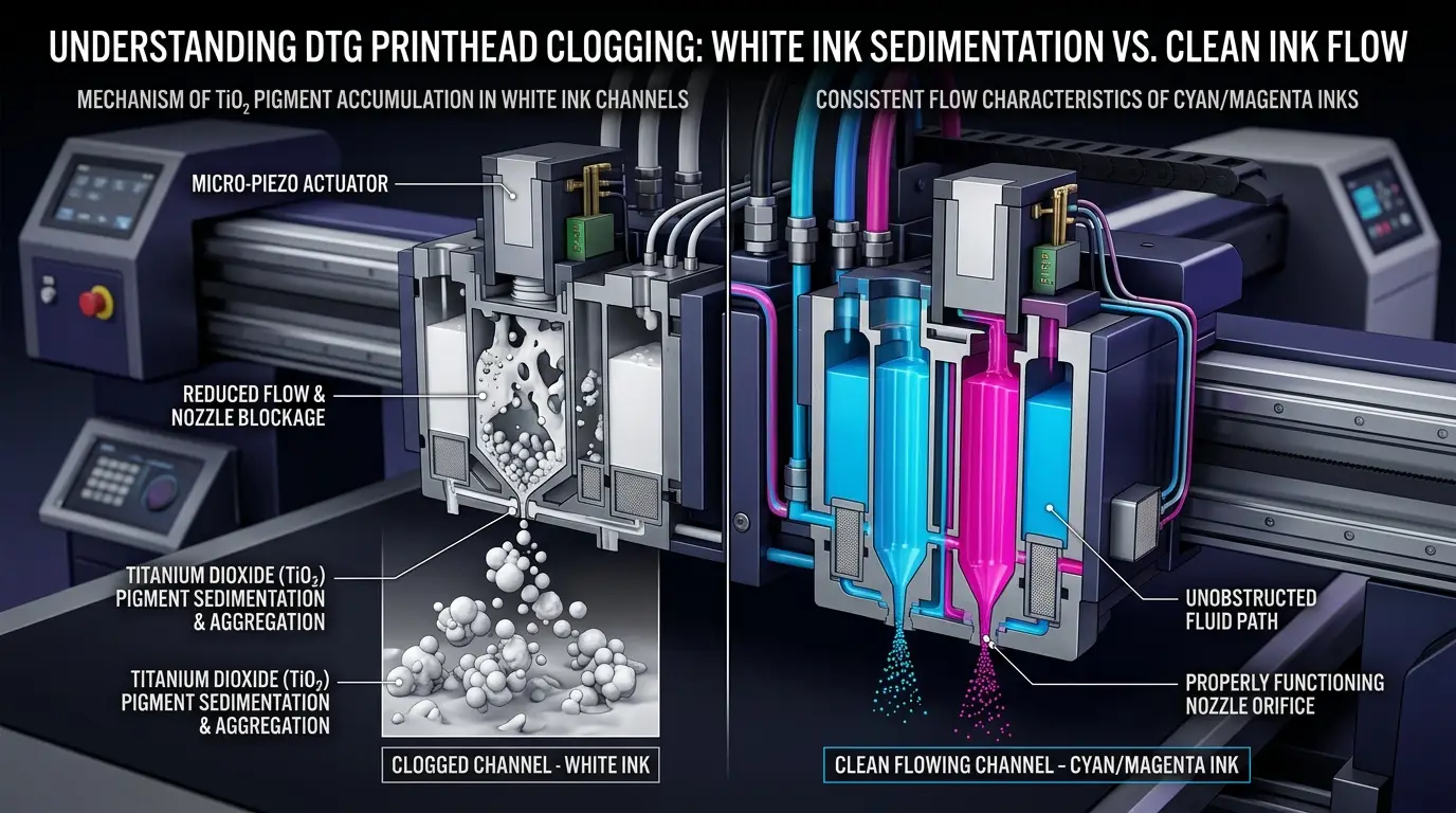 Understanding DTG Printhead Clogging: White Ink Sedimentation vs Clean Flow