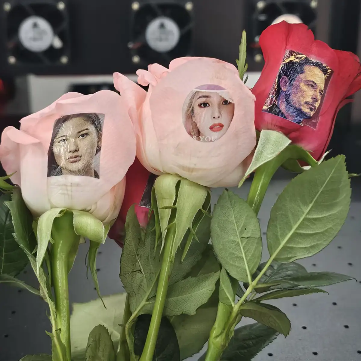 Complex photorealistic portrait printed on fresh flower platen