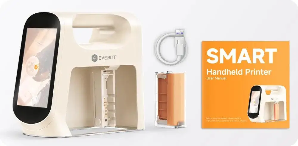 Contenido del paquete de la impresora de alimentos ST-1 incluyendo manual, cable USB, cartucho y dispositivo principal