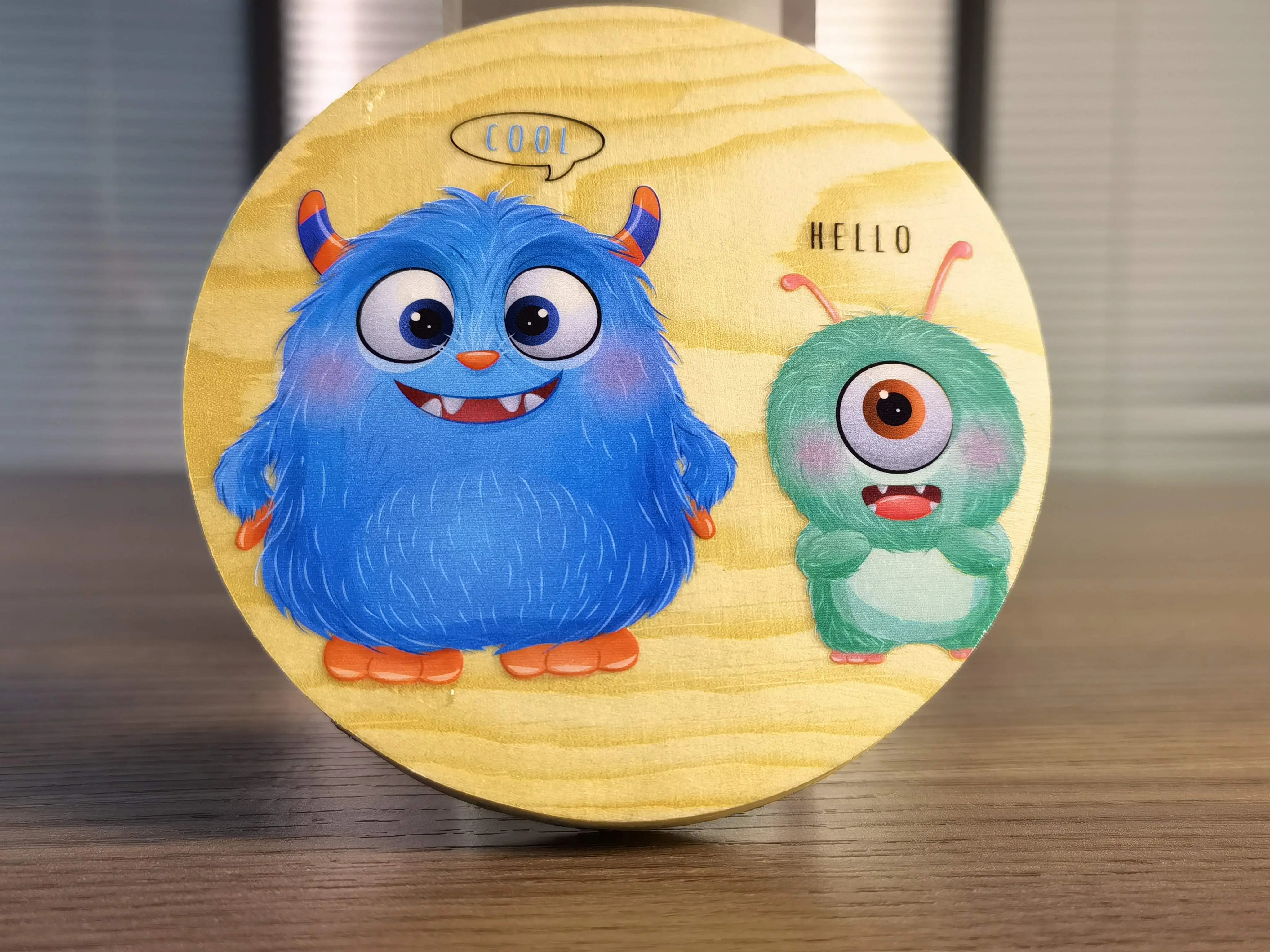 UV printed wooden round coaster with cartoon character design