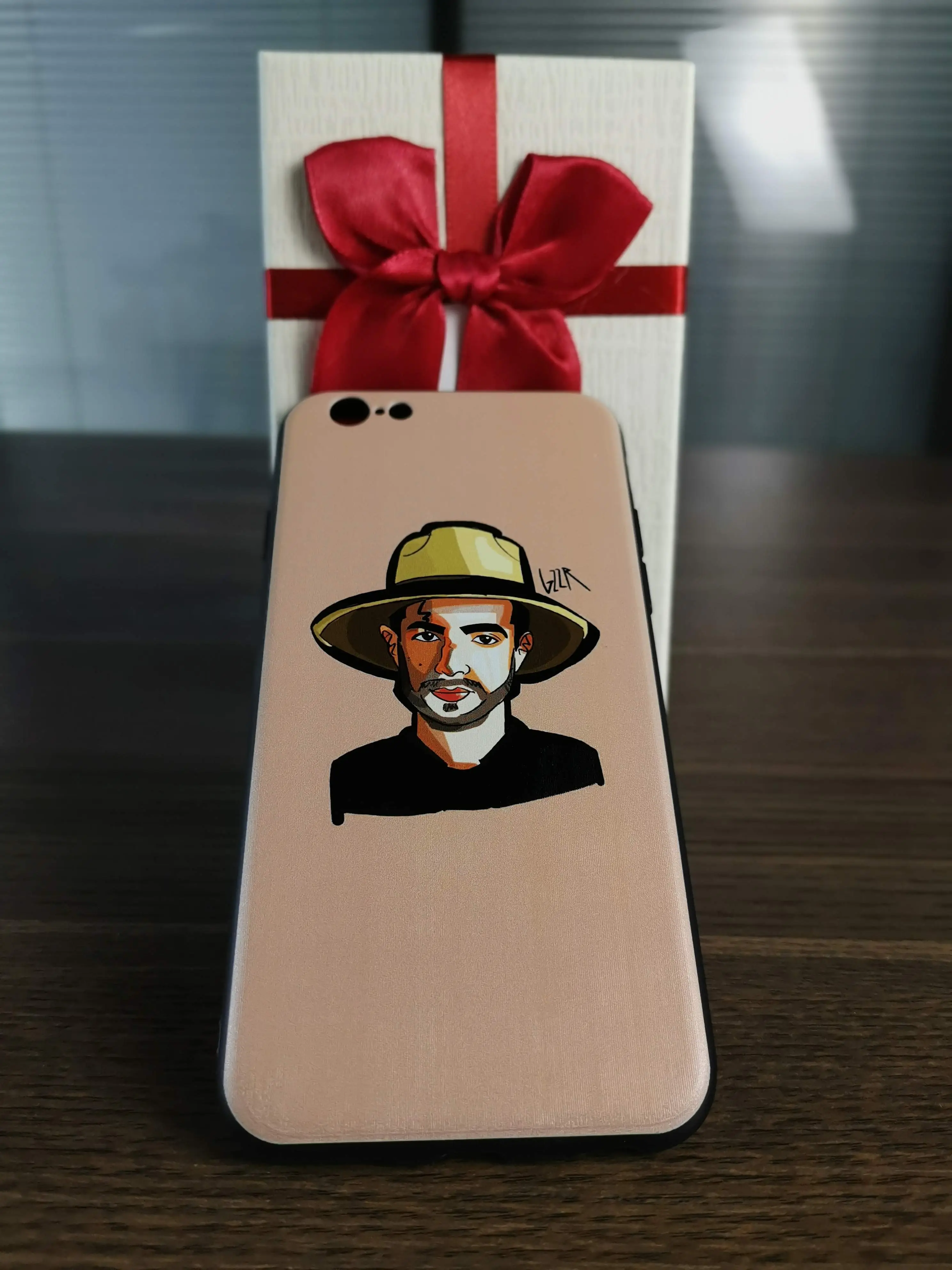 Custom phone case printing — branded graphic on dark phone case